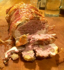 Faraona arrosto ripiena con castagne (Roasted boned guinea fowl with chestnuts)